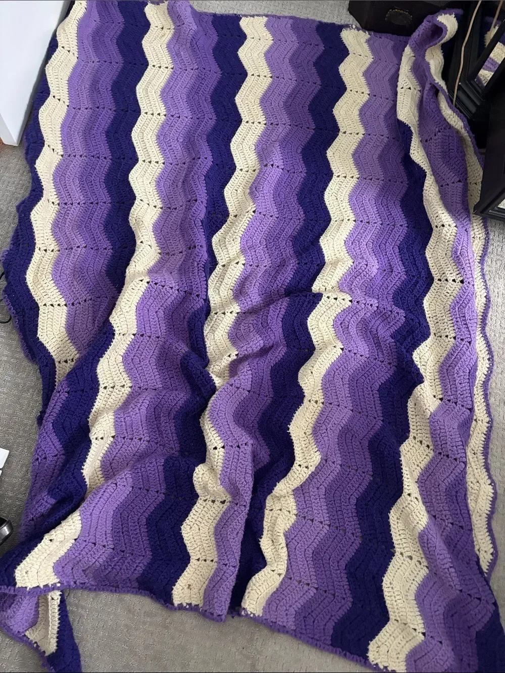 Purple Chevron Crochet Blanket with Cream Stripes